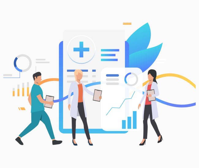 Medical workers analyzing electronic record vector illustration. Diagnostic center, medical innovation, modern clinic. Healthcare concept. Creative design for layouts, web pages, banners